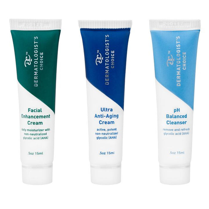 Three skincare tubes labeled Facial Enhancement Cream, Ultra Anti-Aging Cream, and pH Balanced Cleanser, displayed as part of the 60 Seconds to Glow Travel Skincare Kit | Dermatologist's Choice.