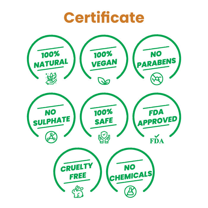 Certificate graphic for Herby Shuddhikaran showing natural, vegan, paraben-free, sulphate-free, and FDA approved claims.