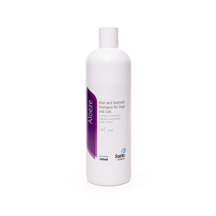 White background with a white and purple bottle of Aloeze Pet Shampoo. Text on the bottle states 'Aloe and Oatmeal Shampoo for Dogs and Cats'.