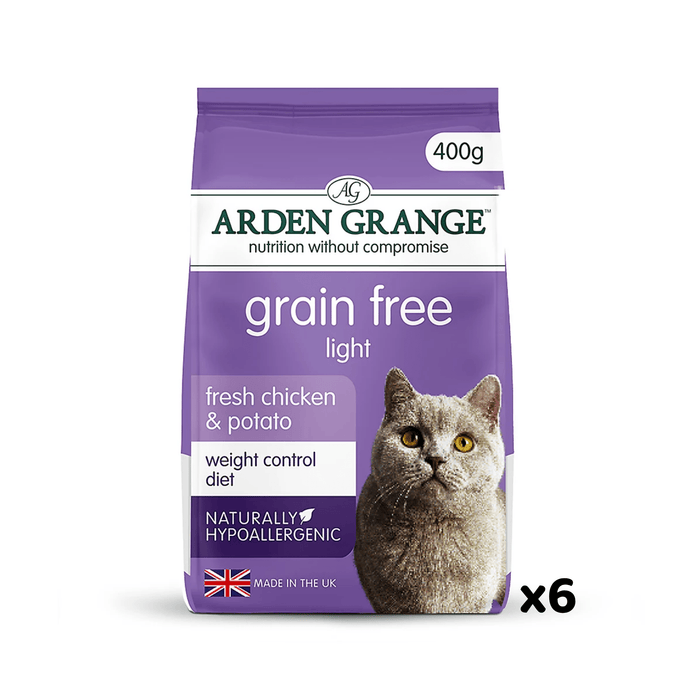 A 400g bag of Arden Grange Grain Free Light cat food, featuring a purple and white package with a photo of a grey cat on the front, set against a plain white background.