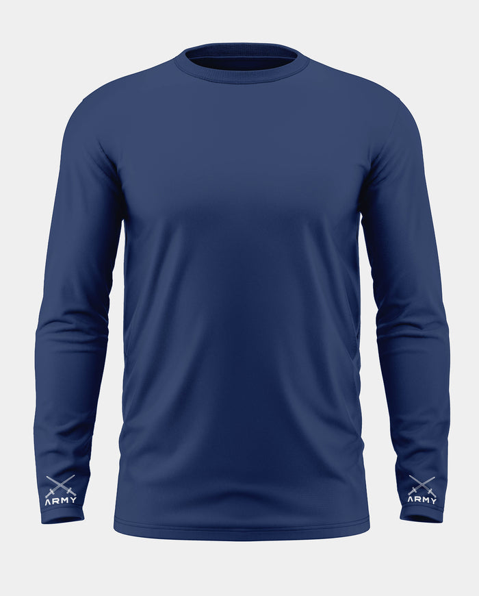 Navy blue men's full sleeve t-shirt with army text and crossed rifles on cuffs
