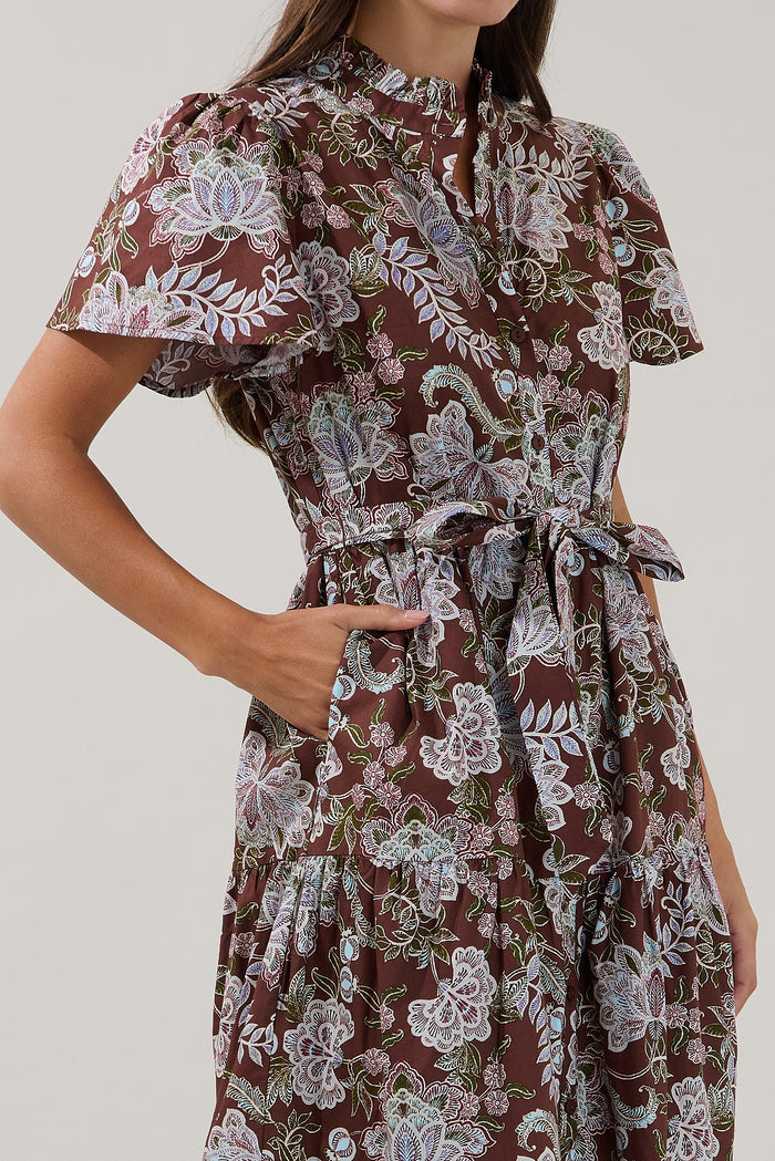 Bellucci Poplin Button Front Tiered Midi Dress Rustic