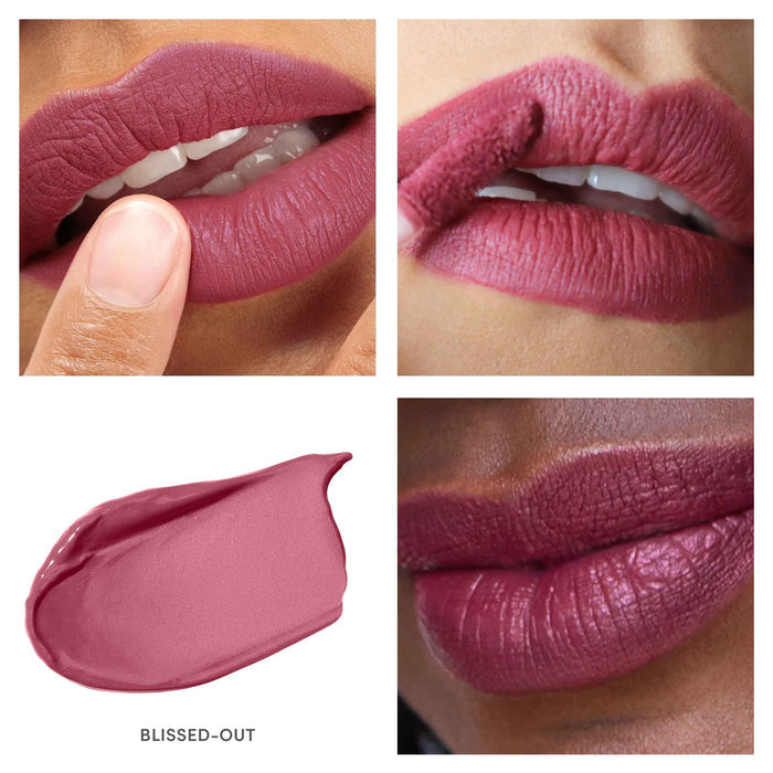 Close-up views of lips wearing a rich mauve-pink shade of Beyond Matte® Lip Stain | Jane Iredale, showcasing smooth texture and full coverage in the Blissed-Out color.