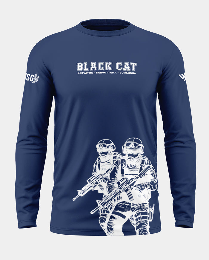 Navy blue full sleeve men's t-shirt with 'Black Cat' text and armed soldier graphic print