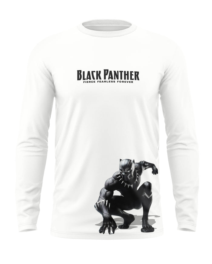 White full sleeve t-shirt with Black Panther graphic and text, men's superhero fashion