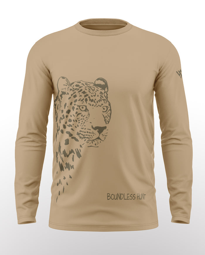 Beige men's full sleeve t-shirt with leopard face graphic and 'Boundless Hunt' text.