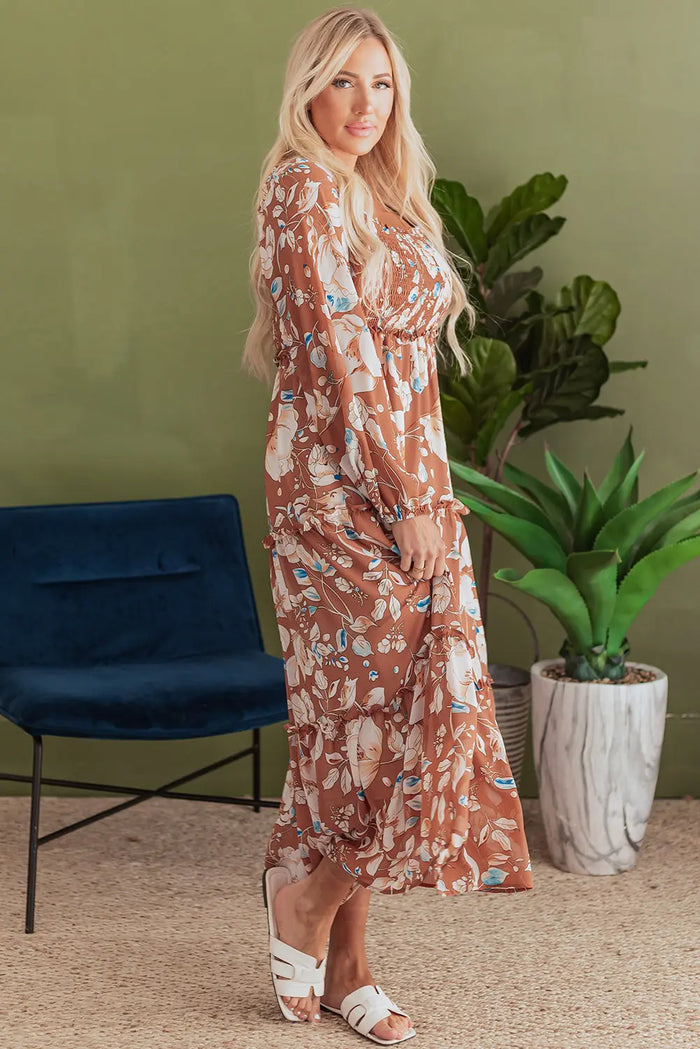 Brown Floral Print Shirred Square Neck High Waist Maxi Dress - Dresses/Maxi Dresses