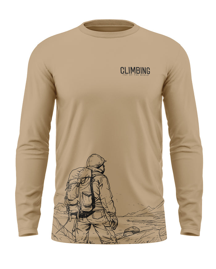 Beige men's long sleeve t-shirt with mountain climber graphic and 'Climbing' text print