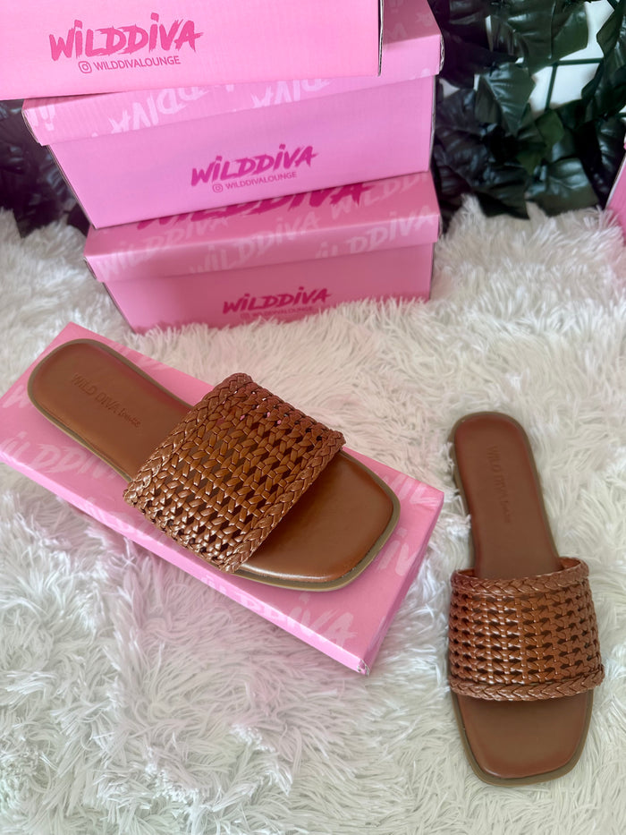 Cognac Woven Slip on Sandal