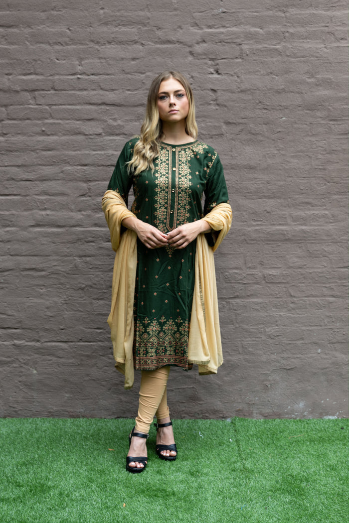 Cotton Block Printed Moss Green Kurta