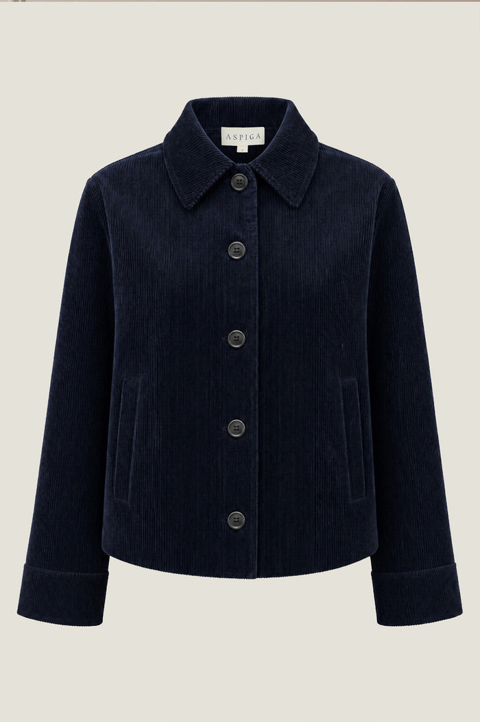 Product photo of the Aspiga Corduroy Collared Jacket in Deep Navy, flat lay showing collar, buttons and pockets