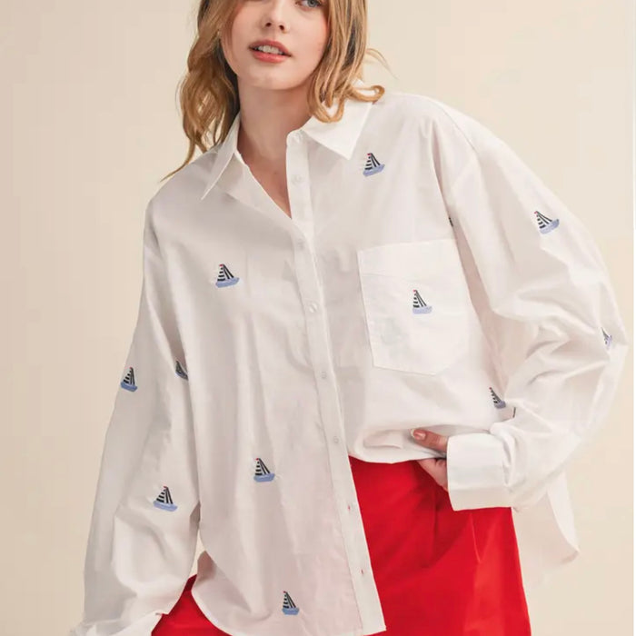 D Sailboat Embroidery button down shirt