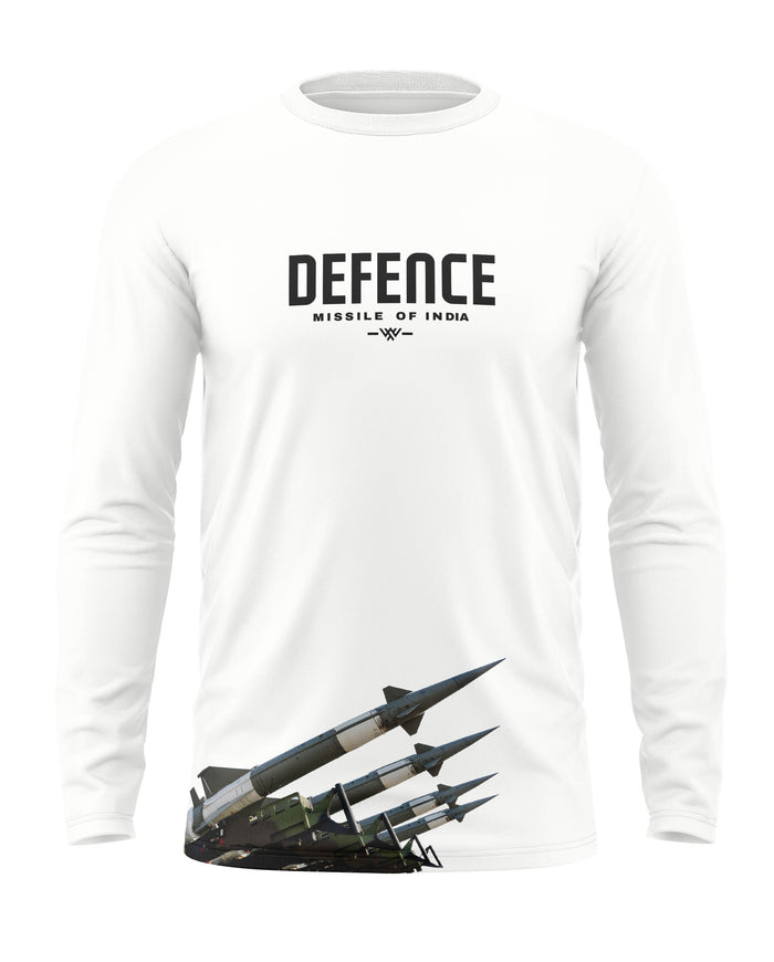 White full sleeve men's T-shirt with 'Defence Missile of India' text and missile graphic print