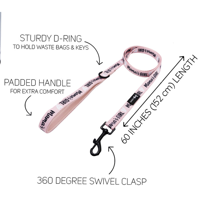 The Sassy Woof Dog Leash - Mama's Girl is a pink, 60-inch leash with a neoprene handle for comfort, sturdy D-ring, and 360° swivel clasp. Perfect for walks with your furry companion.