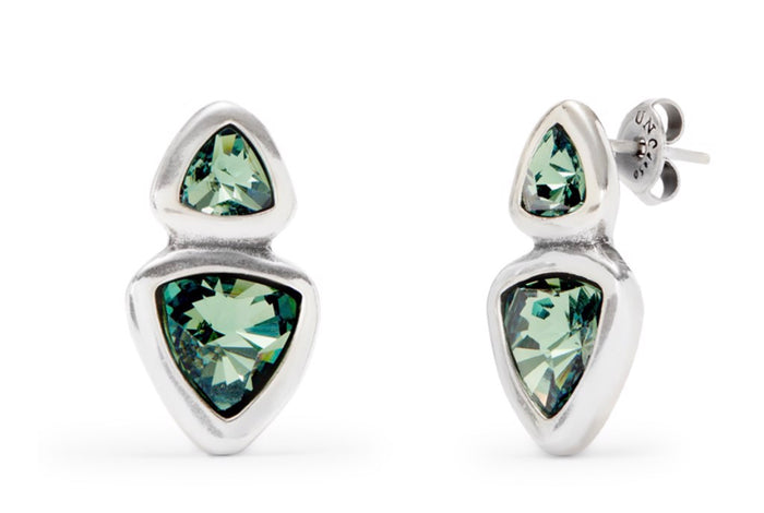 silver earrings with green triangle stones
