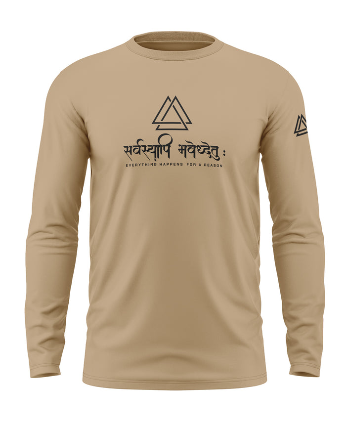 Beige men's long sleeve t-shirt with Sanskrit and English slogan, geometric logo on chest and sleeve