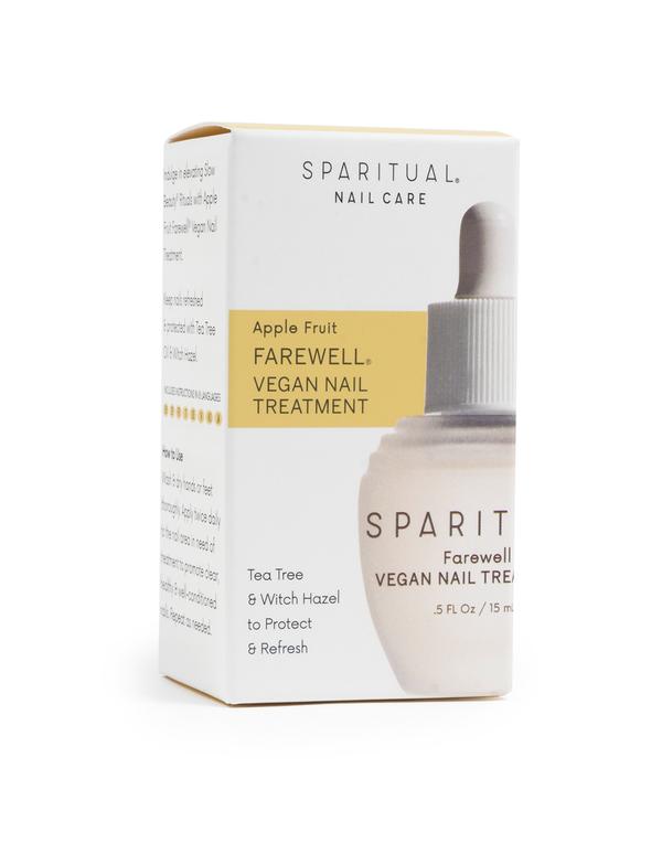 Box packaging for Farewell Vegan Nail Treatment | Sparitual featuring apple fruit, tea tree, and witch hazel ingredients for nail care and protection.