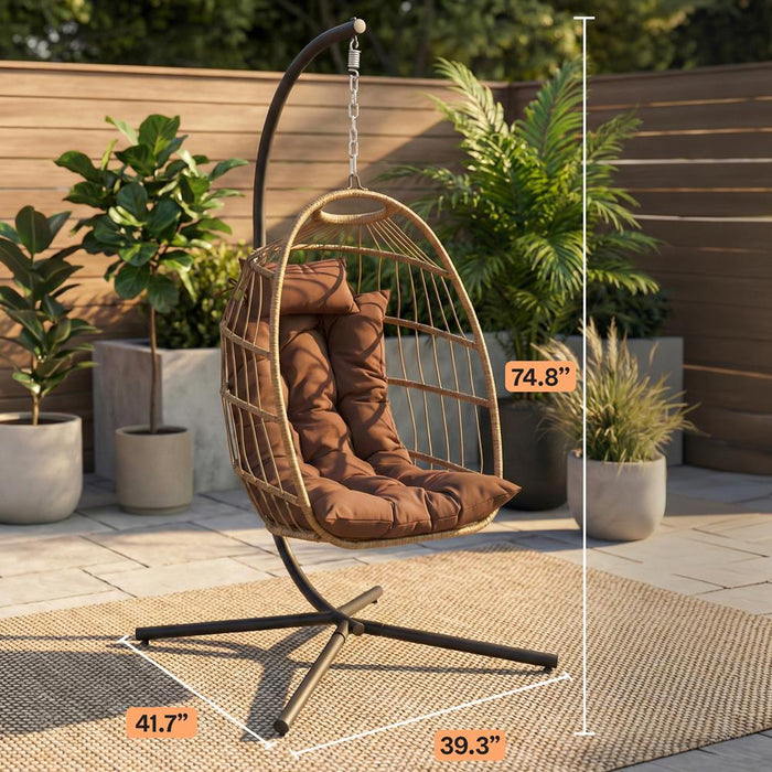 Foldable Egg Chair 350 lbs Capacity Rattan Wicker with Cushion Brown