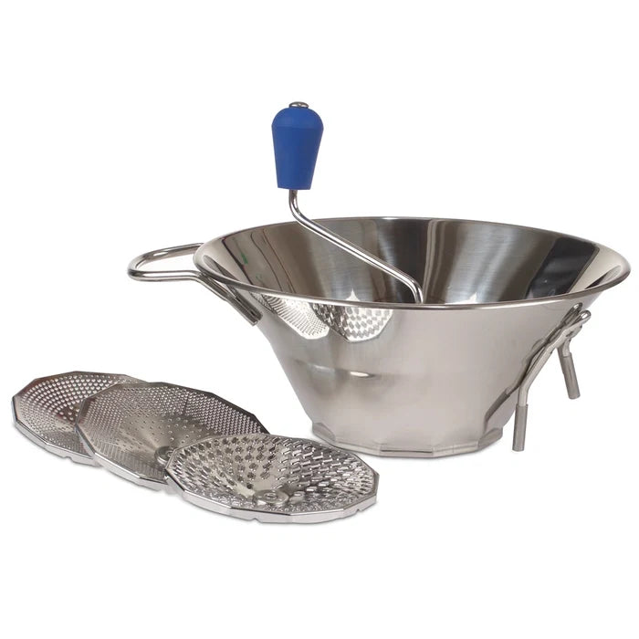 Stainless steel colander with blue handle and three mesh discs on a white background