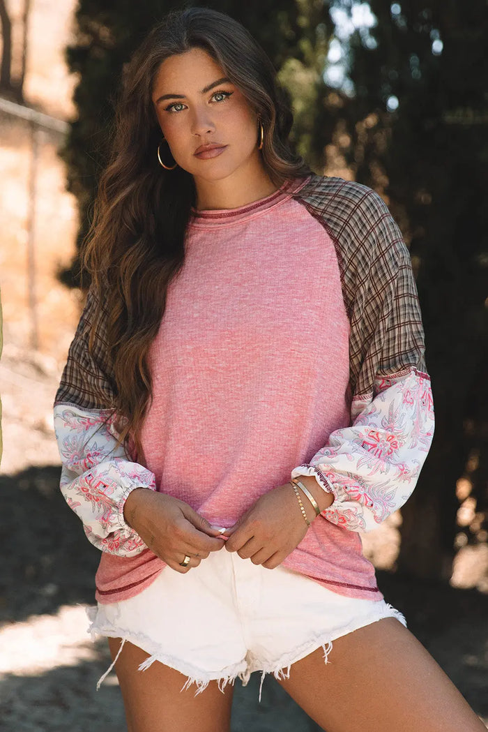 Fushia Mixed Print Patchwork Raglan Ribbed Knit Top - Tops/Long Sleeve Tops
