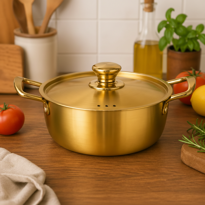 golden pot plain with lid premium stainless steel cooking casserole double handle kitchen cookware – Pakistan
