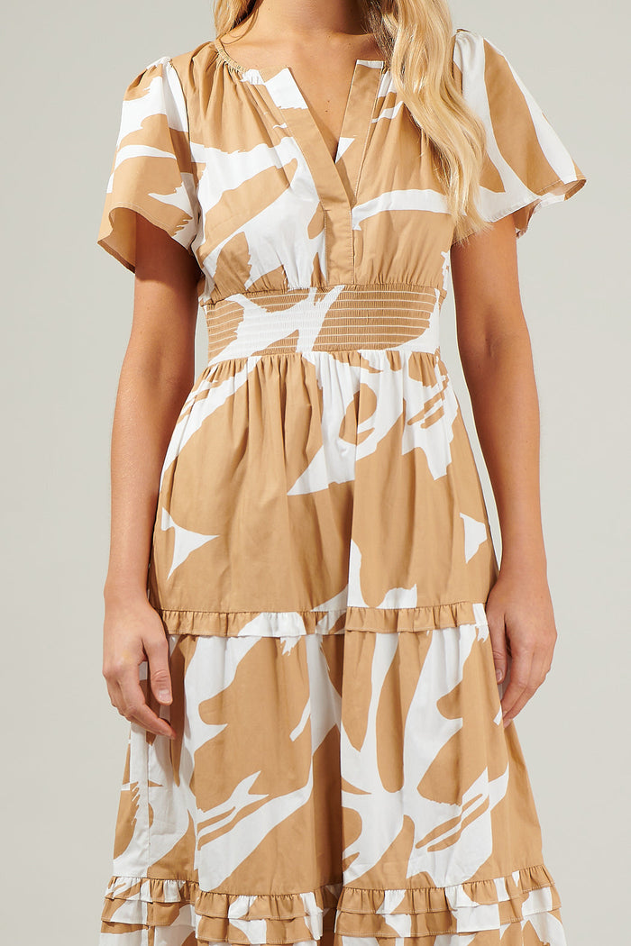 Hazel Abstract Palmer Poplin Tiered Maxi Dress