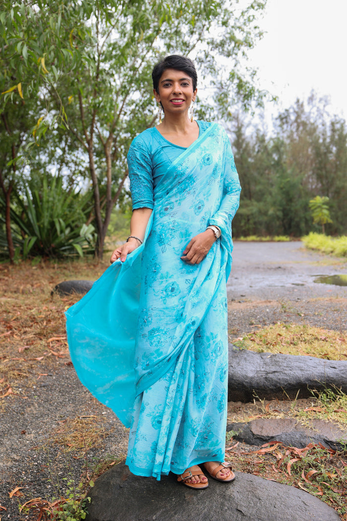 Heather blue tussar cutwork blouse