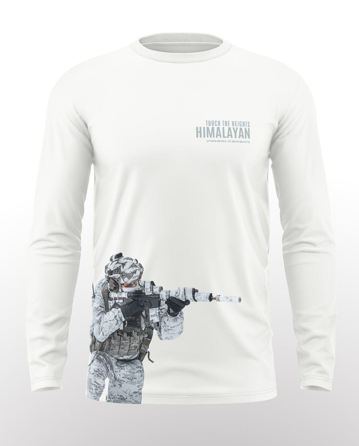 White long sleeve t-shirt with Himalayan text and soldier graphic in camouflage with rifle