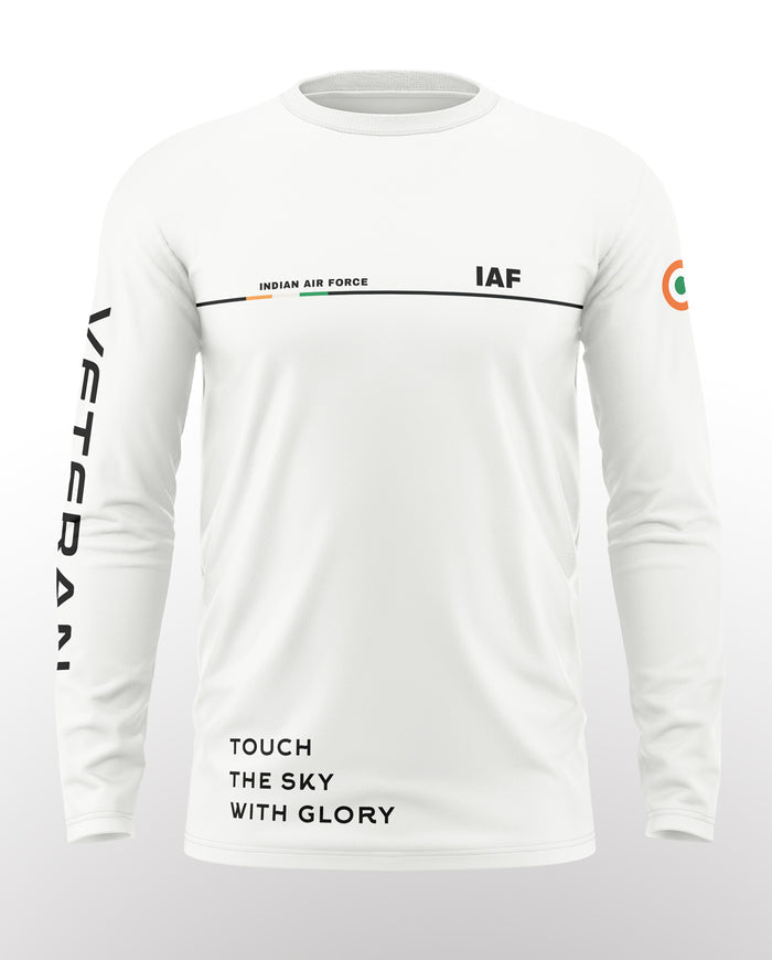 White full sleeve t-shirt with Indian Air Force IAF text, veteran sleeve print, and India flag badge