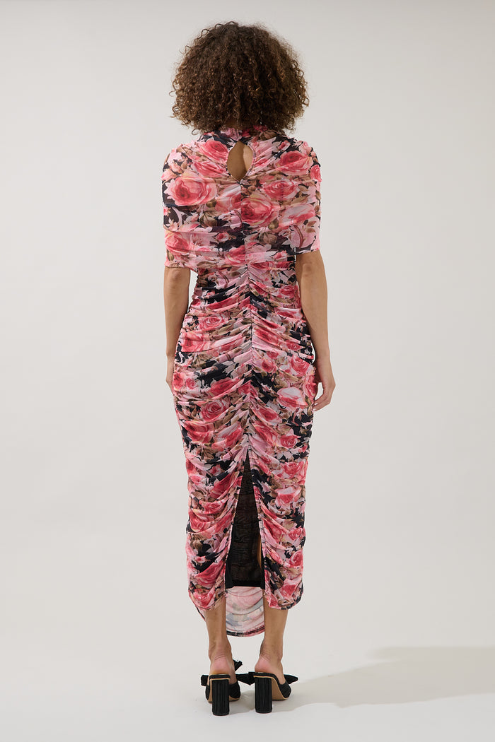 Jenna Ruched Mesh Midi Dress Floral