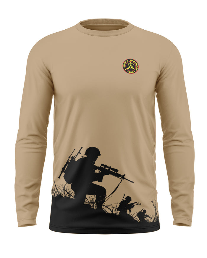 Beige men's full sleeve t-shirt with army soldier silhouette and military patch graphic