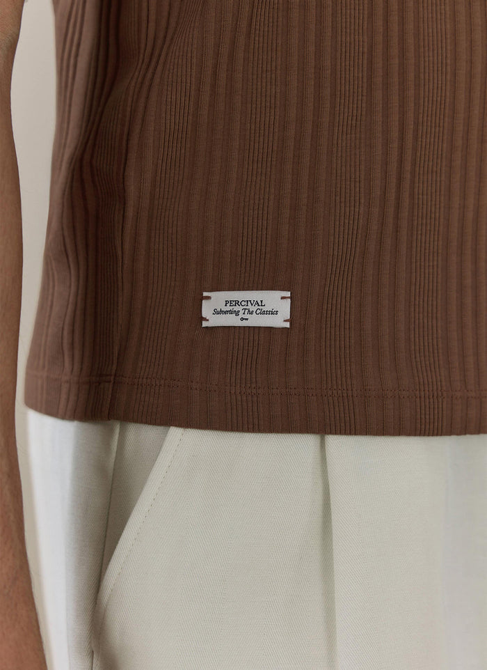 Close-up of the espresso brown Percival Leon Slim Ribbed T Shirt, showing the vertical ribbing and white brand label.