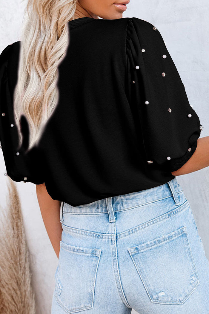 Light Pink Rhinestone Pearl Puff Half Sleeve Top - Tops/Tops & Tees