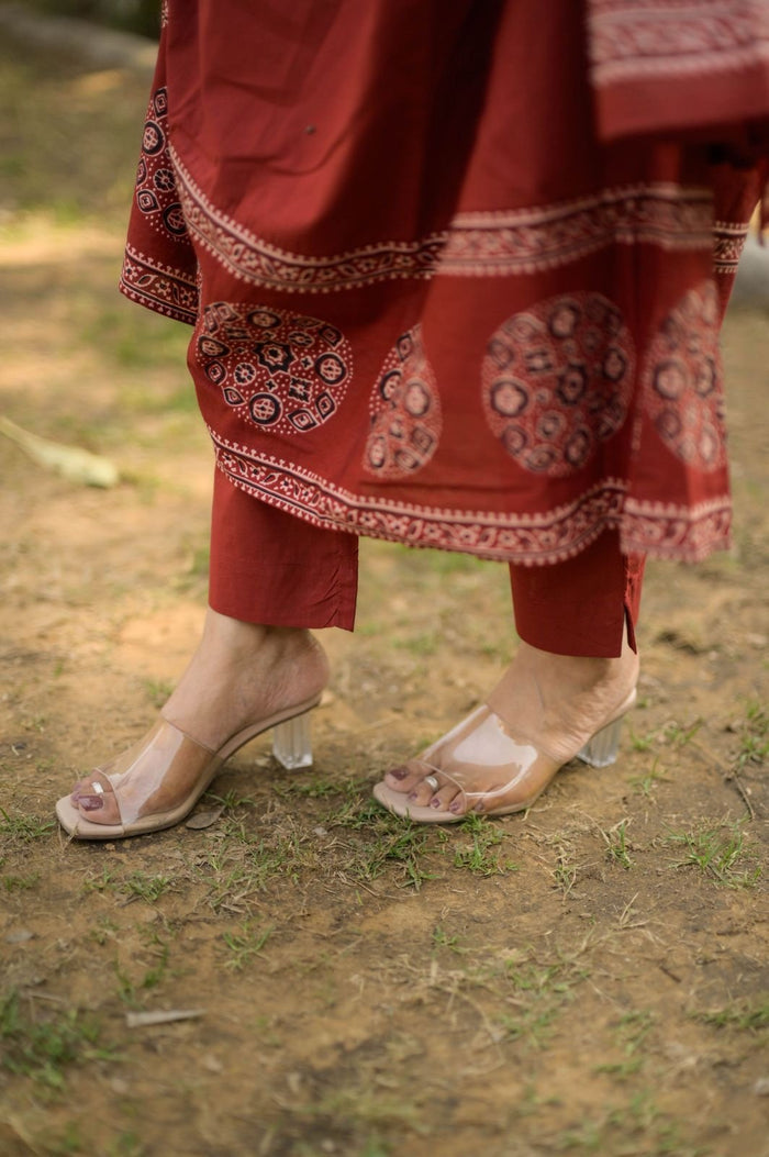 Liya Flared Ajrakh Cotton Set- Maroon