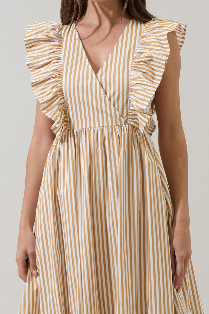 Luna Striped Fairness Taupe Poplin Surplice Midi Dress