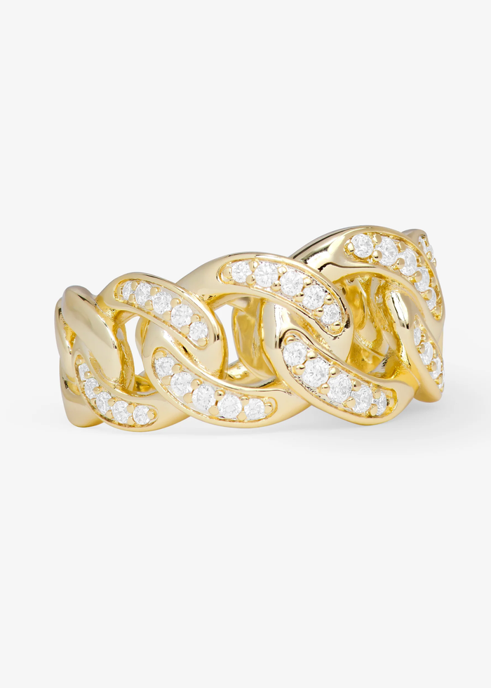 Thick gold chain ring with pave simulated diamonds on a white background