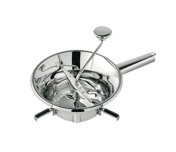 Stainless steel food mill with handle on a white background
