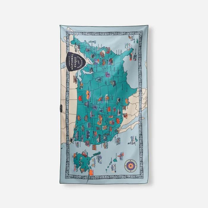 Light blue Nomadix fitness towel featuring a colorful illustrated map of U.S. National Parks and Monuments.