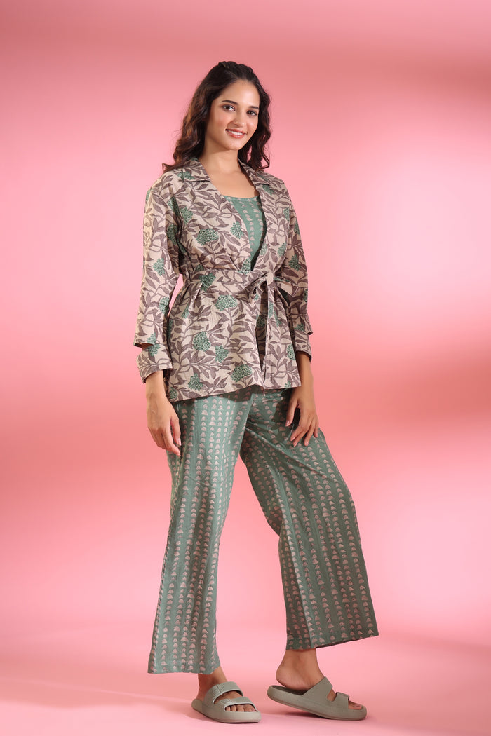 Parallel Lines with Grey Floral Shrug Cotton Three Piece Co-ord Set