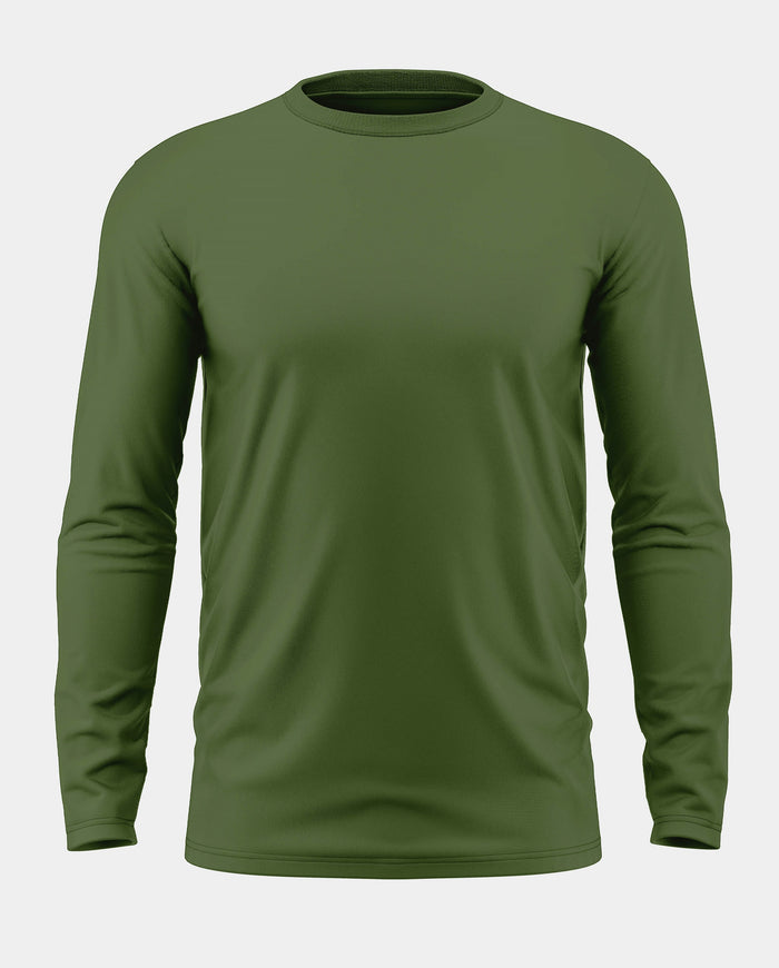 Men's army green full sleeve t-shirt with crew neck, plain front, isolated on white background