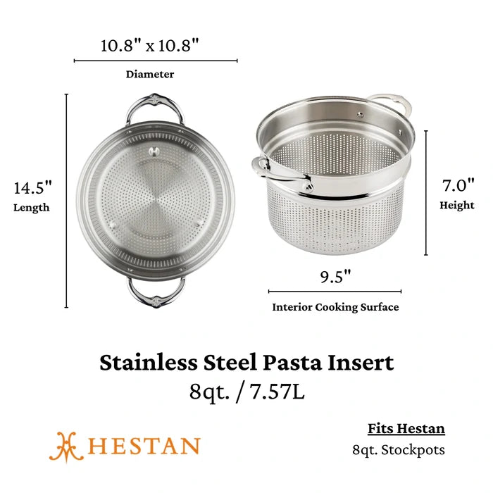 Stainless Steel Pasta Insert with dimensions and Hestan branding