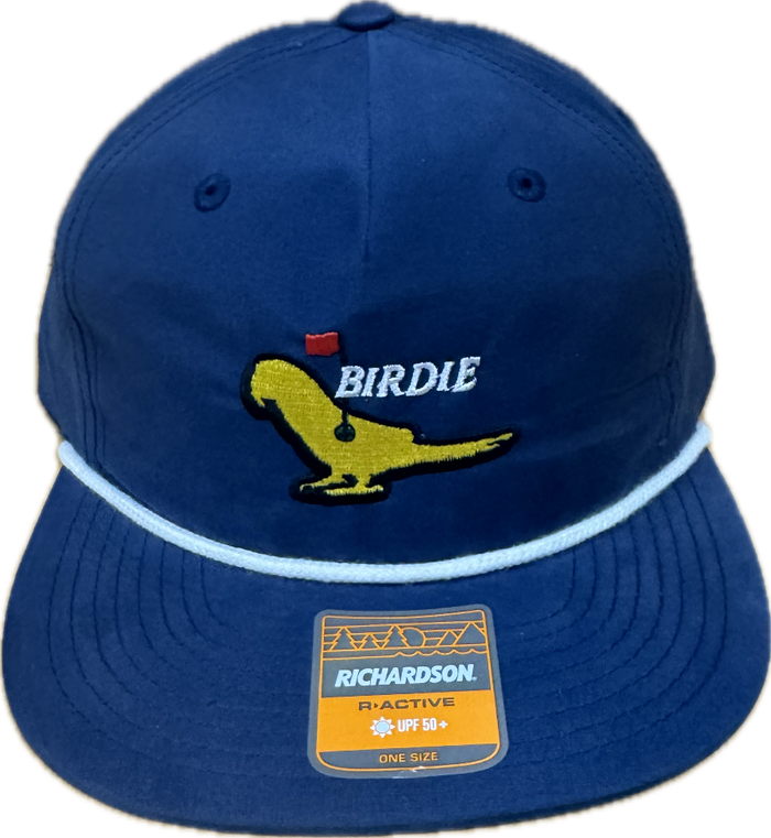 Parrot Surf Shop Birdie hat navy flat bill golf cap with embroidered bird logo