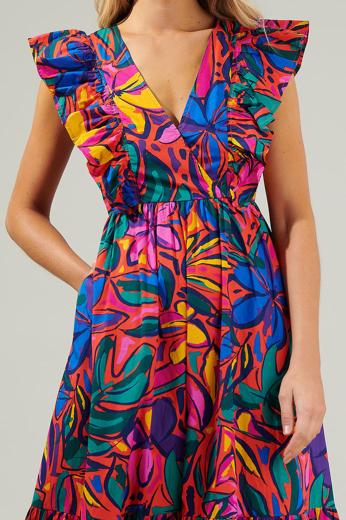 Rainbow Tropics Fairness Poplin Surplice Midi Dress