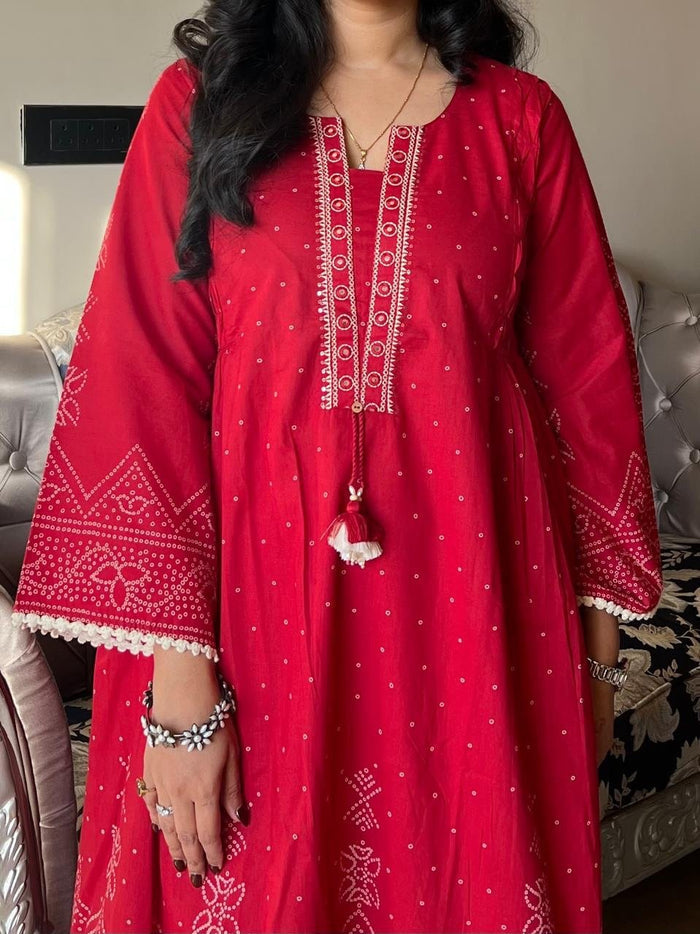 Ramaya Bandhej Flared Set- Red
