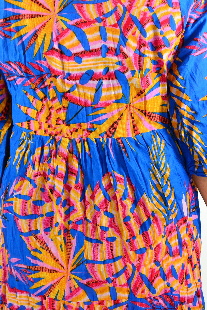 Rebecca Blue Tie Neck Tunic Dress by One Summer, showing a stylish blue tunic with tie-neck detail and relaxed fit.