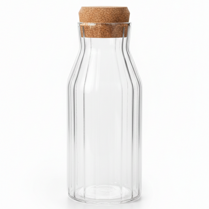 Ribbed glass cork bottle clear storage jar for water juice and kitchen display