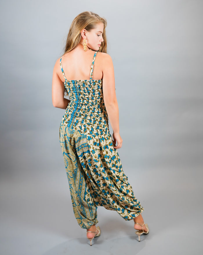Silk Block Printed Floral Sark Olympic Blue Jumpsuit