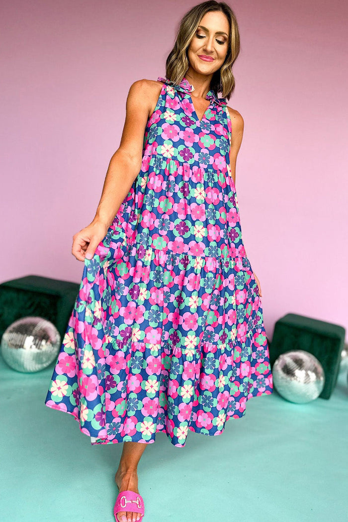 Sky Blue Floral Print Frilly Neck Sleeveless Tiered Maxi Dress - Dresses/Maxi Dresses