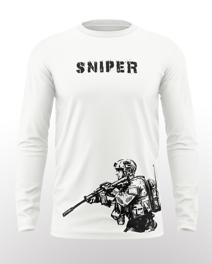 White full sleeve t-shirt with SNIPER text and military soldier graphic print
