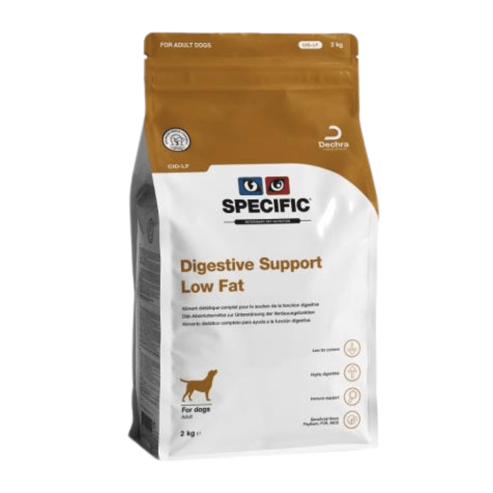 White background with a bag of Specific Digestive Support Low Fat dog food.